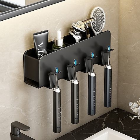 Bathroom Brush Storage, Toilet Brush Holder Ideas, Black Toothbrush, Perforated Wall, Brush Holders, Mounted Toilet, Diy Essentials, Toothbrush Storage, Bathroom Accessory Set