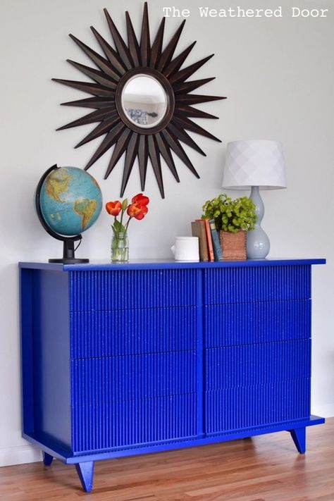 Electric Blue AOM Mid Century Bamboo Dresser - The Weathered Door Bright Blue Dresser, Cobalt Blue Furniture, Cobalt Blue Home Decor, Dresser Painting, Cobalt Blue Decor, Loft Vibes, London Room, House Palette, Bamboo Dresser