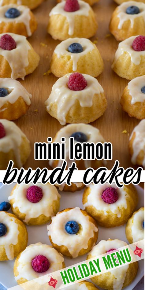 Take these cute mini bundt cakes to your holiday dinner! They are decorated with lemon glaze and fruit for a delicious dessert. These bite sized desserts are perfect for the holidays. #bundtcake #minidesserts #christmas #holiday #dessert #recipe Healthy Mini Bundt Cake Recipes, Lemon Bundt Cakes, Bite Sized Desserts, Mini Lemon Bundt Cakes, Mini Bunt Cake, Lemon Sweets, Mini Bundt Cakes Recipes, Thanksgiving Desserts Kids, Bundt Recipes