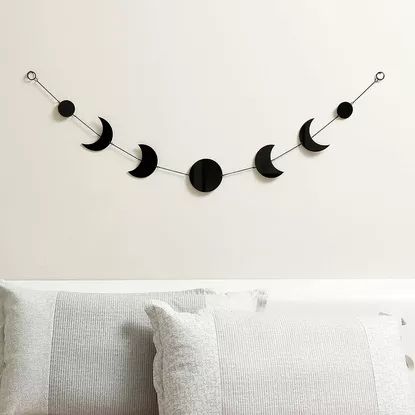 17 Halloween Decorations That Look Chic in Any Season Moon Phase Garland, Moon Phase Wall Hanging, Chic Halloween Decor, Tapestry Quotes, Moon Crafts, Boho Moon, Hang Art, Moon Decor, Wall Hanging Crafts