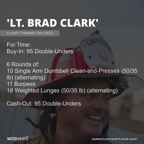 For Time: Buy-In: 95 Double-Unders; 6 Rounds of:; 10 Single Arm Dumbbell Clean-and-Presses (50/35 lb) (alternating); 11 Burpees; 18 Weighted Lunges (50/35 lb) (alternating); Cash-Out: 95 Double-Unders Accessory Workout, Weighted Lunges, Hero Workouts, Crossfit Workouts Wod, Hero Wod, Fighter Workout, Handstand Push Up, Crossfit At Home, Crossfit Wods