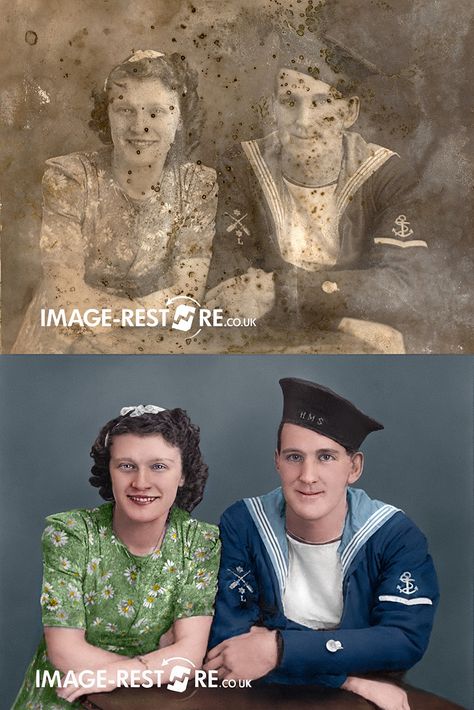 Photo Restoration and colourize - an old photo of a Sailor and his wife restored from a mouldy black and white image to sharp colour photo. How To Restore Old Photographs, Genealogy Crafts, Photo Organization Storage, Old Photo Restoration, Digital Photo Organization, Preserving Photos, Photography Organizations, Family History Projects, Photo Fix