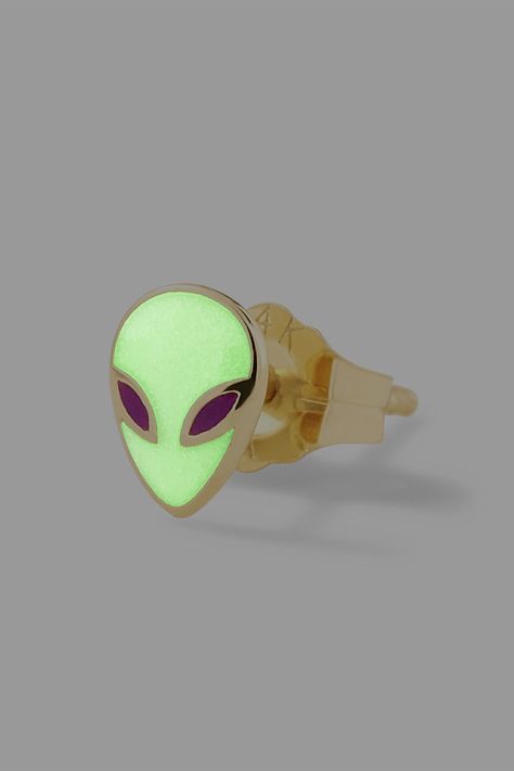 Our 14K Yellow Gold Alien Stud is out of this world. This piece features our new Glow in the Dark enamel. The enamel appears in a cream color in daylight. Put it under a light, go into a dark room, and watch it glow green! Please note this stud is sold as a single. 14K Yellow Gold, Made in New York City Alien Bracelets, Alien Bracelet, Glow In Dark Jewelry, Alien Pin, Alien Necklace, Alison Lou, Dark Room, Out Of This World, Dream Jewelry