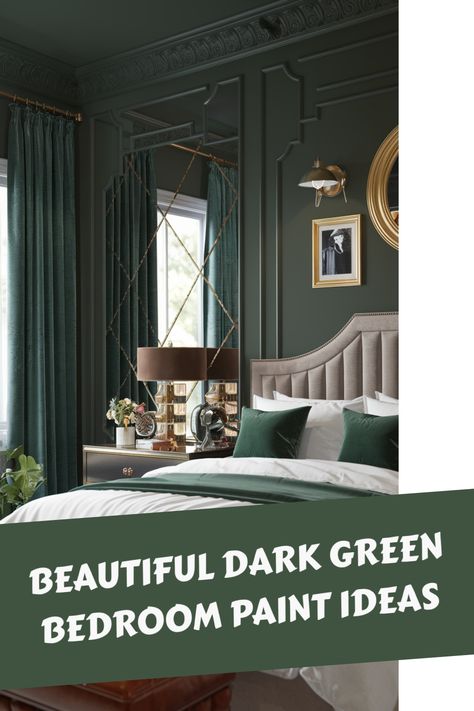 Dark green bedroom with elegant decor and large window. Green Bedrooms Walls, Moody Green Bedroom Ideas, Dark Green Bedroom Paint, Green Bedroom Paint Ideas, Dark Green Bedroom Accent Wall, Green Bedrooms Ideas, Color Drenching Bedroom, Deep Green Wall, Styling A Bedroom