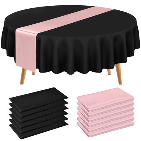 PRICES MAY VARY. 🌷【Package Included】You will get 6 pack rose gold satin table runners & 6 pack black round plastic tablecloths-covers any table up to 8 ft.The satin table runners are bright classic and gracious.Black table cloths inspires a clean sense of style and class.You can use them at the same time or separate them.The perfect tablecloth combination set adds an elegant and romantic atmosphere to any party.Purchase our 12 pcs tablecloth set can save even more. 🍊【Table Runner for Parties】T Round Table Settings, Pink Table Settings, Rose Gold Wedding Decor, Rose Gold Satin, Birthday Picnic, Table Runner Size, Rose Gold Party, Birthday Party Tables, Round Tables