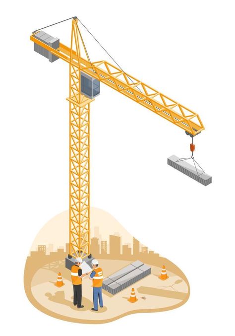 Engineer and Foreman talking under Hammerhead Tower Crane heavy-duty lifting system Construction site tools and equipment isometric isolated illustration vector Tower Crane, The Engineer, Tree Saw, Cityscape Photos, Logo Banners, 2d Animation, Heart With Arrow, Construction Site, Background Banner