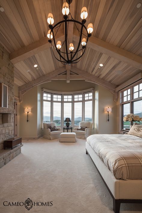 Master Bedrooms With Door To Outside, Modern Rustic Luxury Bedroom, Big Master Bedrooms Ideas, Cute Country House Interior, Country Style Master Room, Nice Master Bedrooms, Sunroom In Bedroom, Barndominiums That Look Like Houses, Fireplaces In Master Bedrooms