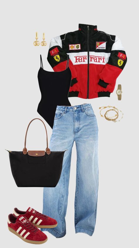 Outfit inspo Ferrari ❤️‍🔥#outfitinspo #ferrarijacket #lowrisejeans Ferrari Jacket Outfit, Ferrari Outfit, Racing Jacket Outfit, Race Outfit, Race Day Outfits, Jacket Outfit Women, Uni Outfits, Event Outfit, Stockholm Fashion