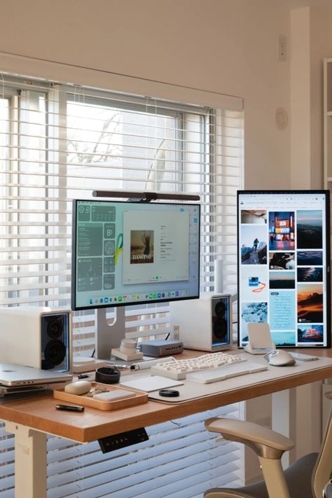 A sleek dual monitor desk setup with white monitors, mechanical keyboard, and wooden accents, perfect for a modern and productive workspace. Minimal Desk Setup, Workspace Setup, Multimedia Technology, Monitor Setup, Dual Monitor Setup, Minimal Desk, Computer Desk Setup, Desk Setups, Home Studio Setup