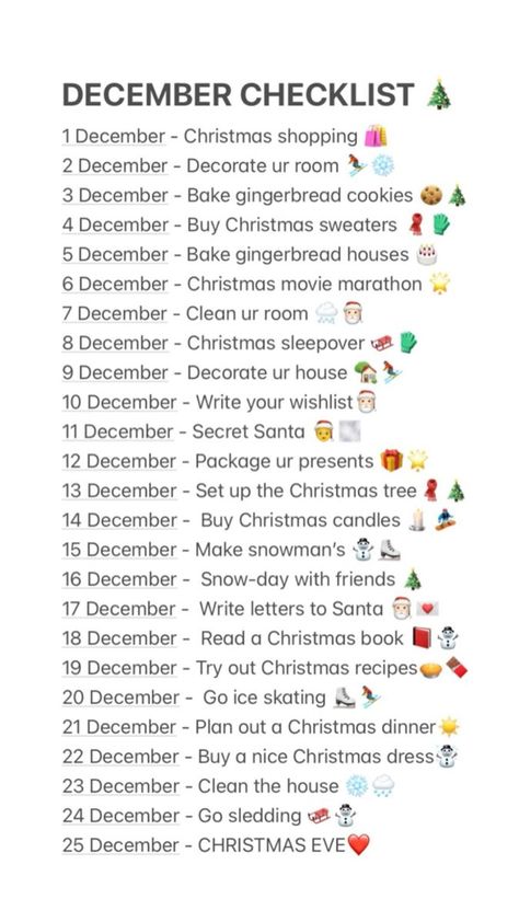 Preppy Xmas List Ideas, Checklist For Christmas, December Checklist Ideas, 31 Days Of December, December List Of Things To Do, Christmas Itenary, Christmas List Categories, How To Feel Christmassy, Christmas Decor Checklist