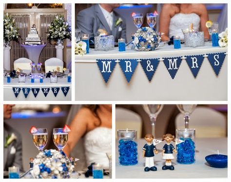 Wediquette and Parties: Kelsea & Ryan's Penn State Wedding- Sweetheart table decor, that amazing blue & white brooch bouquet and more! Penn State Wedding Ideas, Penn State Wedding, Wedding Sweetheart Table Decor, Sweetheart Table Decor, State Decor, Blue White Weddings, Chelsea Wedding, Sweetheart Table Wedding, Brooch Bouquet