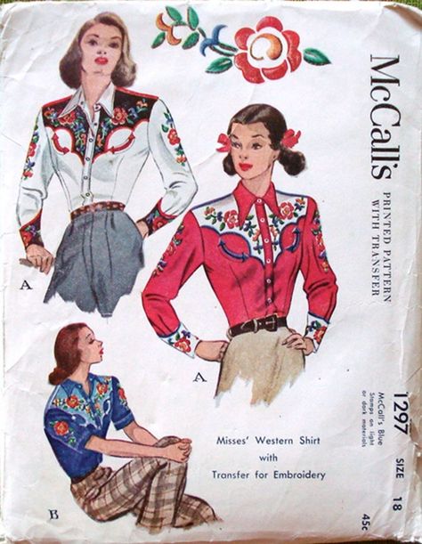 McCall 1297 Misses' Western Shirt with Transfer for Embroidery. Decades of Style reproduced this pattern originally released in the 1940's. Bought it! Western Shorts, Cowgirl Vintage, Western Patterns, Western Blouse, Vintage Western Wear, Sewing Vintage, Patron Vintage, Western Style Shirt, Shirt Sewing Pattern