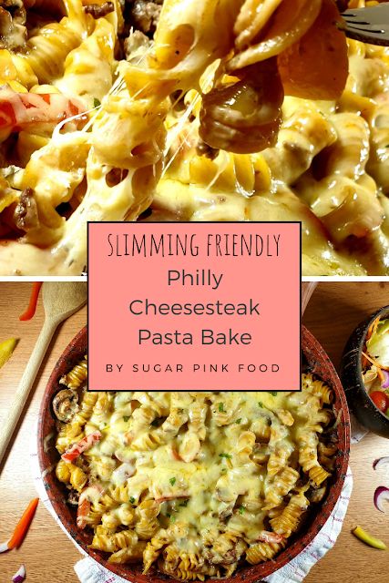 Philadelphia Cheesesteak Pasta Bake. Based on my Philly Cheesesteak Fries recipe, this is a low syn family meal. #healtyrecipe #slimmingworld #lowfatrecipe #lowfat Cheesesteak Fries, Philly Cheesesteak Pasta, Philadelphia Cheesesteak, Cheesesteak Pasta, Healthy Pasta Bake, Bake Healthy, Steak Pasta, Low Calorie Cooking, Pink Food