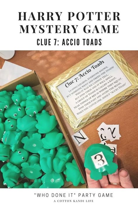 Accio Toads and find them all for this clue of the Harry Potter Escape Room style Who Done It Mystery Birthday Party. The perfect Birthday Theme for your 10 year olds, this Mystery style theme has a ton of clues for everyone. Use the Digital EBook Printable for your own DIY Halloween Party or VBS and Summer Camp Themes! Harry Potter Party Games For Adults, Harry Potter Escape Room Ideas, Harry Potter Diy Birthday Party Ideas, Harry Potter Teen Birthday Party, Harry Potter Games For Kids Birthdays, Harry Potter Birthday Activities, Harry Potter Birthday Games, Harry Potter Party Activities, Harry Potter Birthday Party Games