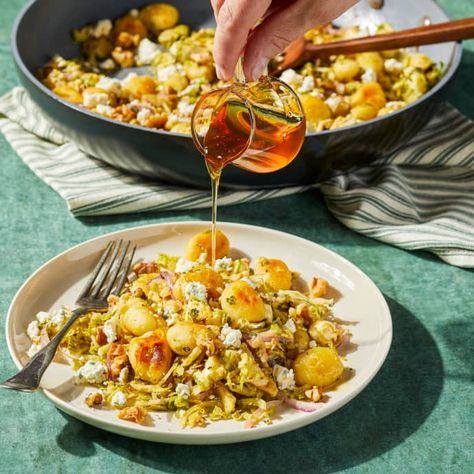 Crispy Gnocchi with Shredded Brussels Sprouts and Gorgonzola | America's Test Kitchen Recipe Crispy Gnocchi, Shredded Brussels Sprouts, Bean Pasta, Shredded Brussel Sprouts, America's Test Kitchen Recipes, Fine Restaurant, Kitchen Recipe, America's Test Kitchen, Toasted Walnuts