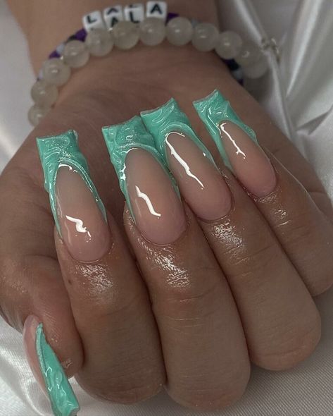 Teal French Tip Nails: 40+ Designs to Try this Month - Nail Designs Daily Sea Green Nail Designs, Coffin Teal Nails, Mint Teal Nails, Teal Vacation Nails, Torquise Nails French Tip, Terquas Nails, Teal And Green Nails, Teal French Tip Nails Turquoise, Teal Square Nails