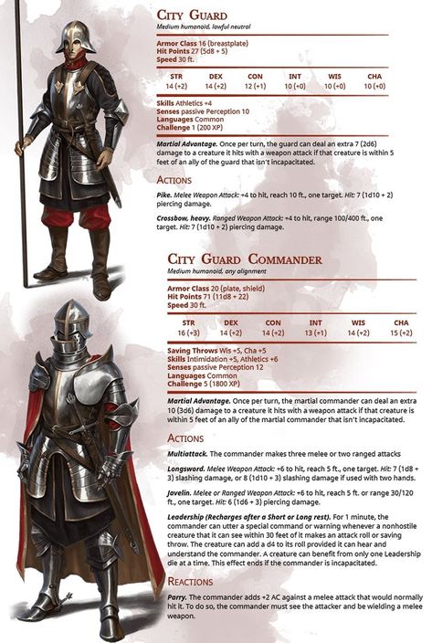 5e NPC - City Guard and Guard Commander Npc Sheet Dnd, Dnd Town Guard, Statblock 5e, D&d Stat Blocks, Thieves Guild Dnd, Zhentarim Dnd, Dnd Enemy Sheet, Dnd City Guard, Npc Dnd Sheet