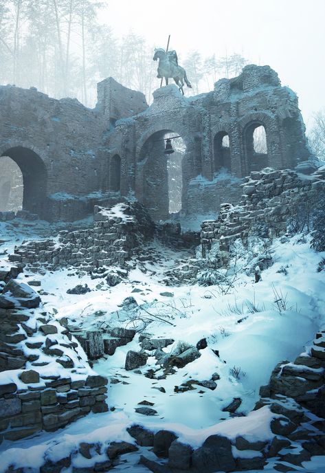 Snowy bell in the old ruins, Rémy A. S. Diaz on ArtStation at https://www.artstation.com/artwork/L226Dk #art #artwork #artstation #painting #digitalart #artstation Snowy Wasteland, Snowy Battlefield, Frozen Wasteland, Beaux Arts Architecture, Old Ruins, Snowy Landscape, Fantasy City, Fantasy Castle, Biome