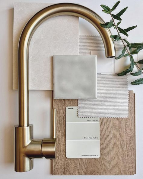 Bathroom Material Palette, Gold Tiles, Bathroom Wallpaper Ideas, Nickel Faucet, Materials Board Interior Design, Kitchen Mood Board, Soft Palette, Interior Design Boards, Gorgeous Bathroom