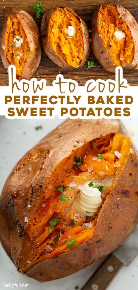 Easily achieve perfectly baked sweet potatoes with a crispy skin and fluffy inside. With just a little bit of butter, salt, and pepper, oven baked sweet potatoes are a fantastic side dish to accompany so many meals. Perfect Baked Sweet Potato, Sweet Potato Recipes Baked, Baked Sweet Potatoes, Cooking Sweet Potatoes, Potato Side Dishes, Baked Sweet Potato, Potato Dishes, Sweet Potato Recipes, Croquettes