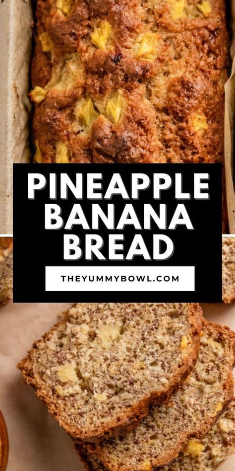 This moist banana pineapple bread is a delicious quick bread recipe similar to classic banana bread but with a tropical twist with sweet pineapple flavor! Enjoy this Hawaiian banana bread as individual slices for a sweet breakfast treat, snack, or dessert with a scoop of vanilla ice cream. Banana Bread With Crushed Pineapple, Banana And Pineapple Bread Recipe, Banana Bread With Pineapple And Coconut, Moist Pineapple Banana Bread, Banana Pineapple Muffins Recipes, Tropical Banana Bread Recipe, Hawaiian Banana Bread Recipe Crushed Pineapple, Banana Hawaiian Bread, Hawaiian Pineapple Bread