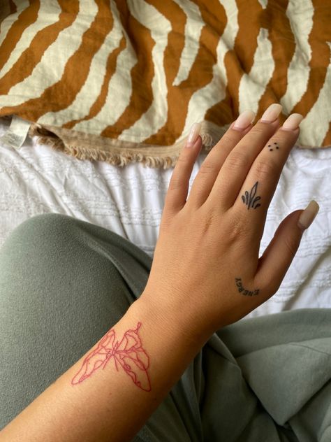 Small Hand Wrist Tattoos, Red Wrist Tattoo, Wrist Butterfly Tattoo, Red Flower Tattoo, Wrist Tatoo, Red Flower Tattoos, Palm Of Hand, Butterfly Wrist Tattoo, Tiny Tats