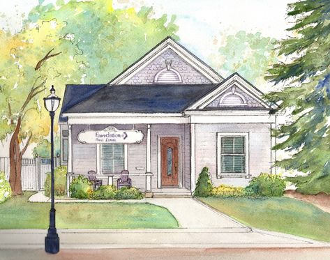 Business Restaurant, Watercolor House Painting, Watercolor House, Watercolor House Portrait, Home Portrait, Custom House Portrait, House Portrait, House Sketch, The Sims 2