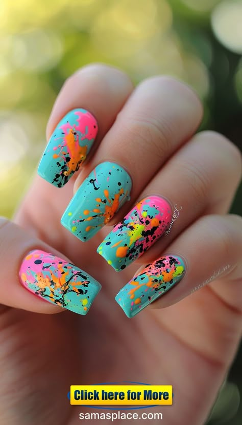 Neon teal and pink confetti nails bring a playful and vibrant touch to your summer style. The teal base is adorned with neon pink confetti designs, creating a look that is both fun and eye-catching. These nails are perfect for festivals, beach parties, or any occasion where you want to add a burst of color to your look. The confetti patterns are intricately detailed, creating a look that is both artistic and lively. Summer Teal Nails, Teal Nails Ideas, Teal Nail Ideas, Teal Nail Designs, Teal Nails, Ocean Inspiration, Summer Look, Nails Ideas, Teal Colors