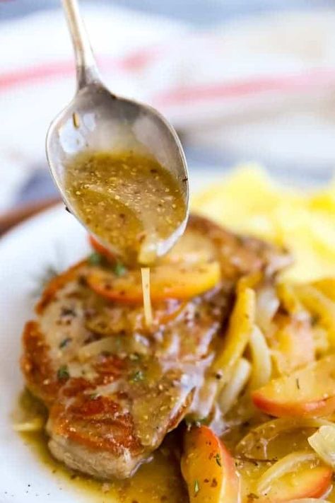 Apple Pork Chops With Stuffing, Apples And Onions Pork Chops, Pork Chop Apple And Onion Recipes, Apples And Porkchop, Apple Rosemary Pork Chops, Easter Pork Chops, Pork Chops Apples And Onions, Pork Chops With Apples, Apples And Onions