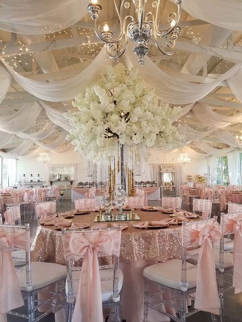 Debut Theme Ideas Rose Gold, Pink Blush Quinceanera Theme, Light Pink Venue Quince, Quinceanera Venues Rose Gold, Quince Decorations Champagne Pink, Rose Gold Pink Quinceanera Theme, Quinceanera Dresses Princess Elegant, Blush And Champagne Quinceanera Decor, Blush Pink And Gold Quinceanera Theme