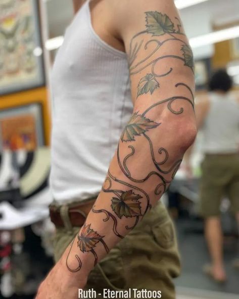 Ivy Tattoo For Men, Vine Armband Tattoo, Men’s Vine Tattoo, Vine Sleeve Tattoo Men, Vine Patchwork Tattoo, Vine Arm Tattoo Men, Flower Vine Tattoo Arm Sleeve Stencil, Vines And Leaves Tattoo, Vines Sleeve Tattoo