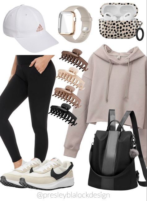 Cute Coach Outfits, Neutral Nike Outfit, Leggings Capsule Wardrobe, Legging Airport Outfit, Neutral Gym Outfits, Amazon Travel Outfit, Amazon Airport Outfit, Backpack Purse Outfit, Neutral Outfit Ideas Casual