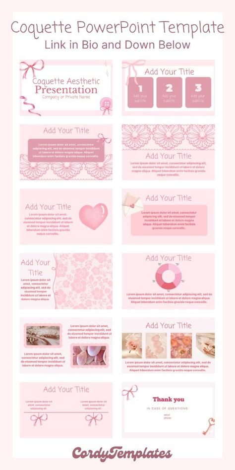 Coquette is a pink and girly aesthetic that is trending on social media. We on CordyTemplates offer a presentation template available for PowerPoint and Canva! Link to the Coquette presentation template and other presentation templates is found in my bio or just click this post! Have fun editing your own version on the template and impress your peers! Cheers - CordyTemplates<3 Pink Canva Template, Coquette Ppt Template, Coquette Powerpoint Template, Coquette Background Presentation, Cute Template Aesthetic, Cute Canva Templates, Coquette Powerpoint, Cute Slideshow Presentation, Coquette Presentation