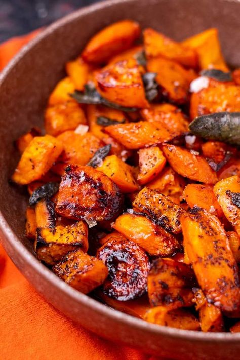 Roasted Sweet Potatoes and Carrots with Crispy Sage Butter Roasted Sweet Potatoes And Carrots, Sweet Potato And Goat Cheese, Savory Sweet Potatoes, Sweet Potatoes And Carrots, Pork Side Dishes, Savory Sweet Potato Recipes, Sweet Potato Green Beans, Sweet Potato Side Dish, Sweet Potato Sides