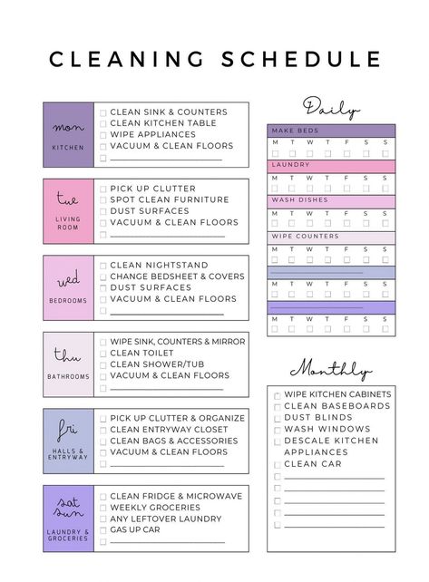 A colourful cleaning schedule to keep the family organized on keeping the house tidy and clean. Feel accomplished as you and your family tick off every box on this cleaning schedule! By doing a number of tasks a day, this will help build routine in the family and won't keep you from utilizing the weekend to clean! FEATURES & ATTACHMENTS - Print as letter size (8.5x11...#Guide #Trends #a #for #HomeTrends #Ideas #Ultimate #to #Cleaning #Creating #Home #Tidy #The #Inspo #Schedule #a #Inspiration Build Routine, Organizer Business, Cleaning Schedule Printable, Cleaning Planner, Bullet Journal Ideas Templates, Schedule Printable, Clean Sink, Daily Cleaning, Family Organizer