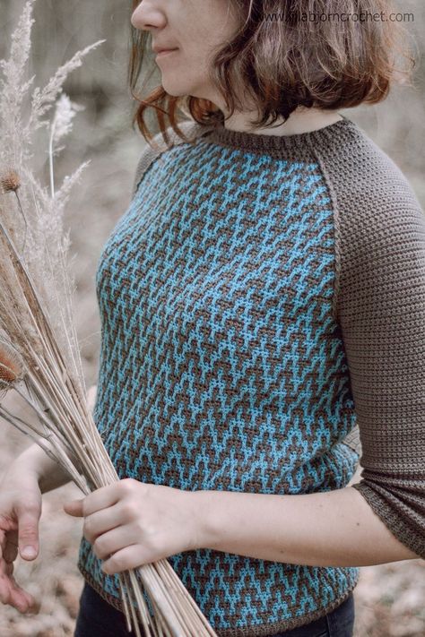 Vilia Mosaic Sweater | LillaBjörn's Crochet World Crochet Sweater Pattern, Crochet Top Outfit, Gilet Crochet, Mosaic Crochet, Crochet Ladies Tops, Crochet Fabric, Crochet World, Modern Crochet, Crochet Shirt