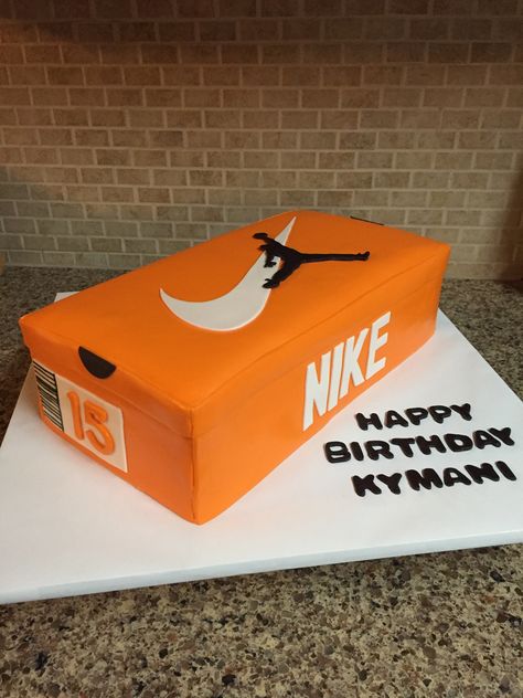 Nike Air Jordan Shoebox Cake.  12x6 inch layer cake (made of two 6x6 cakes together), covered in orange fondant with fondant accents. Shoebox Cake, Orange Nike Shoes, 13 Birthday, Tenis Nike, 13th Birthday, 10th Birthday, Layer Cake, How To Make Cake, Shoe Box