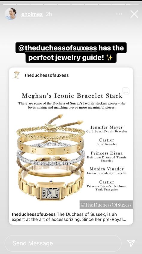 Cartier Love Bracelet Stack Ideas, Stacked Watch And Bracelets, Cartier Love Bracelet Apple Watch, Stackable Bracelets With Watch, Meghan Markle Bracelet Stack, Michele Watch Stack, Tennis Bracelet Diamond Cartier, Meghan Markle Bracelet, How To Stack Jewelry