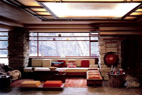 jack lenor larsen textiles | an eclectic eccentric Fallingwater Interior, Frank Lloyd Wright Furniture, Frank Lloyd Wright Interior, Falling Water Frank Lloyd Wright, Falling Water House, Mediterranean Lifestyle, Natural Stone Wall, Water House, Stone Columns