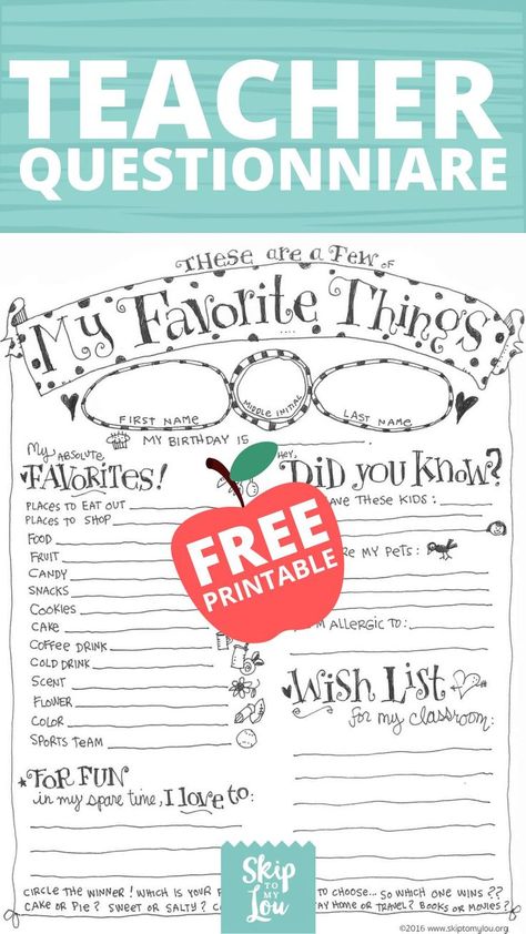 Give this teacher’s favorite things printable questionnaire to your child’s teacher and you will be able to make sure you gift them their favorite things all year long! It will be a fun way for your teacher to share a little bit about themself. There is even a place to share a wish list for their classroom. Teacher Favorites Printable, Teacher Questionnaire, School Counseling Week, Teacher Wish List, Teacher List, Homemade Teacher Gifts, Male Teacher Gifts, Teacher Forms, Unique Teachers Gift