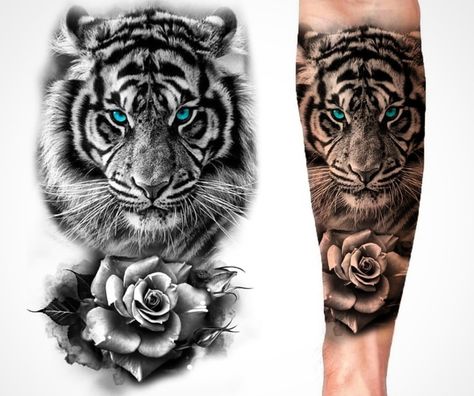 Tiger And Rose Tattoo Design, Tiger Rose Tattoo Design, Tiger With Roses Tattoo, Rose Tiger Tattoo, Tiger And Roses Tattoo, Realistic Tiger Tattoo Design, Tiger Tattoo Design For Women, Black And White Tiger Tattoo, Tiger And Rose Tattoo