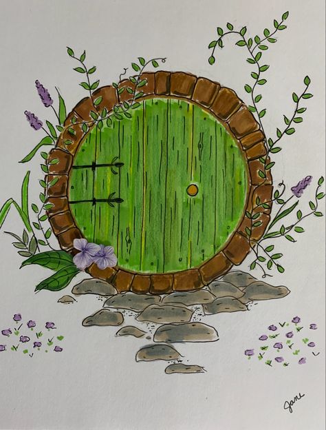 Knomes Garden Drawing, Hobbit Door Painting, Fairy Door Drawing, Hobbit Doors, Fairy Core Room, Door Drawing, Wonderland Design, Hobbit Door, Garden Drawing