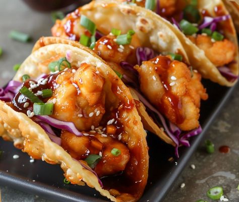 Crispy Chicken Wonton Tacos with Tangy Asian Slaw Asian Fusion Tacos, Crispy Chicken Wonton Tacos, Asian Tacos Chicken, Asian Shrimp Tacos, Asian Chicken Tacos, Crispy Chicken Tacos, Chicken Wonton Tacos, Asian Tacos, Bacon Risotto