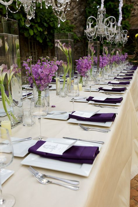 This purple table setting agrees perfectly with our chandeliers. Sukkah Decorations, Purple Table Settings, Passover Table Setting, Passover Table, Chandelier White, Purple Table, Beautiful Tablescapes, Bridal Table, Beautiful Table Settings