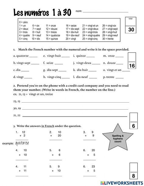 French Numbers Worksheet, French Worksheets For Beginners, French Beginner, French Numbers, Numbers Worksheet, Basic French Words, Basic French, French Worksheets, Numbers For Kids