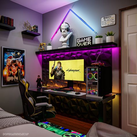 This bedroom designed for @henry_j__ with some Harry Potter accessories in a budget of 1.8K USD Size of room : 5x4 meters If you’re looking for a room design visit the link in bio or DM us with room dimensions for a quote @dopegamingsetup #gaming #gamingcommunity #pcgaming #gamer #gamingpc #roomdesign #interiordecor #gamingdecor #gamingmancave #deskgoals #roomdecor #deskorganisation #desktour #gamingroomdesign Harry Potter Gaming Room, Retro Gaming Room Setup, Closet Gaming Setup, Computer Room Design, Small Gaming Room, Gaming Room Design, Games Room Inspiration, Small Game Rooms, Mens Bedroom Decor