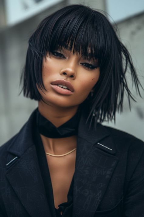 Woman with short black hair and bangs, wearing a black blazer and choker, looking directly into the camera. Bangs Blended Into Hair, Medium Black Hair With Bangs, Pointy Bangs, Messy Bob With Fringe, Short Dark Hair With Bangs, Bangs With Layered Hair, Layered Bangs Hairstyles, Ideas For Bangs, Short Black Hair With Bangs