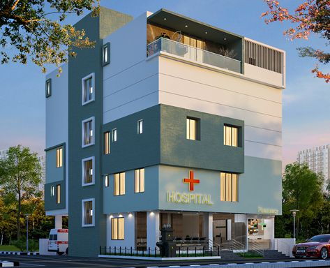 Ramesh Reddy Hospital - SV Consultants Hospital Exterior Design Facades, Hospital Design Architecture, Fasad Design, Hospital Building, Modern Hospital, Positive Environment, Commercial Design Exterior, Hospital Architecture, Community Hospital