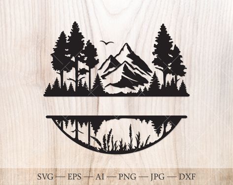 "Mountain range, lake and forest Monogram Split Name Frame SVG Cut File. Landscape Mountain SVG, lake svg, forest svg. High-quality vector silhouette. Perfect for printing, vinyl decals, scrapbooking, travel, outdoors, hiking and camping themed projects and much more. **Listing is for Digital product only and Instant download** Digital file bundle contains black&white vector files and high-resolution (300 dpi) raster files. Files are zipped in one \"zip\" file. Included files: 1 SVG file (for Cr Nature Silhouette Art, Cabin Svg, Camping Decals, Lake And Forest, Forest Svg, Lake Svg, Mountains Svg, Mountain Svg, Landscape Mountain