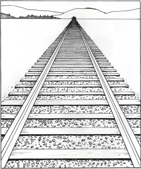 linear perspective- Lines and vanishing points used to depict the diminishing sizes and recession of objects as they seem to move further away in the picture plane. Illusionary Space, Train Tracks Drawing, Linear Perspective Drawing, Train Drawings, Elements Of Art Space, Perspective Lines, Linear Perspective, 1 Point Perspective, Perspective Drawing Architecture